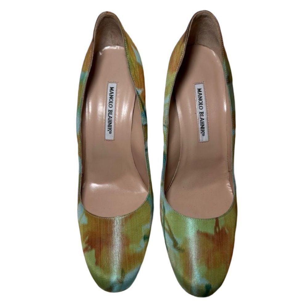 Vintage Manolo Blahnik Silk Pumps | Abstract Green Gold Heels | Size 40